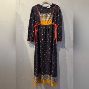 Vintage 70s Prairie Dress Ric Rac Detail Boho Maxi Cotton Size S Mushrooms Fruit